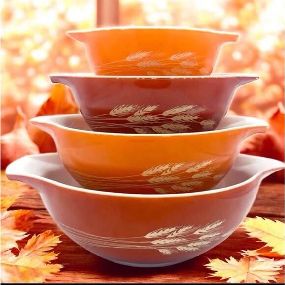 4 Vtg Pyrex Autumn Harvest Wheat Cinderella Nesting Mixing Bowls 441,442,443,444 - Picture 6 of 6
